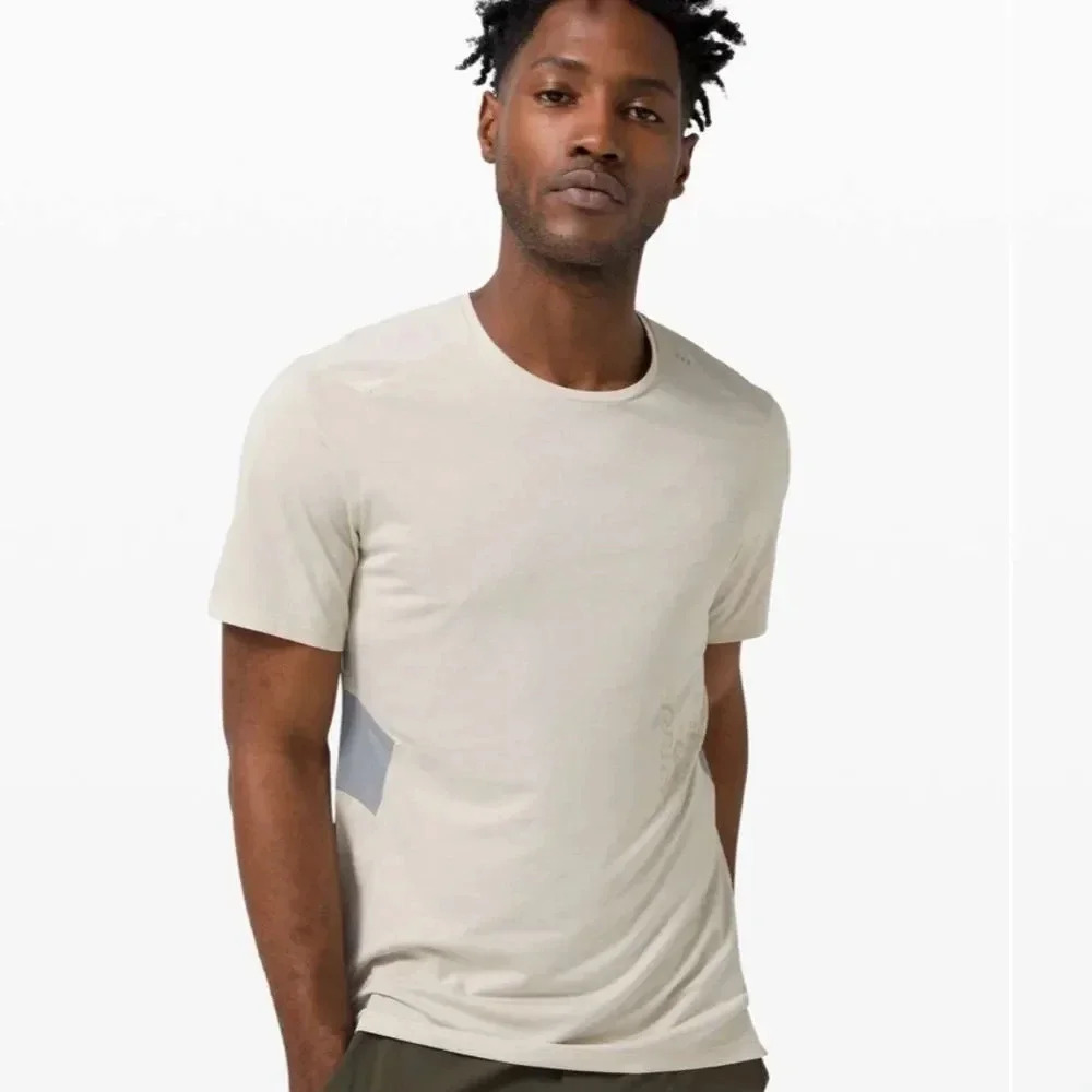 Lululemon Mens Focus Running Training T Shirt Beige‎ Grey Athleisure Size XL